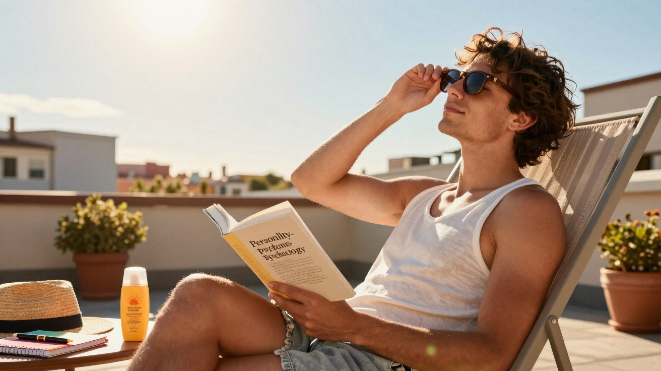 Homem com óculos escuros relaxa numa espreguiçadeira ao sol, a ler um livro numa varanda com plantas.
