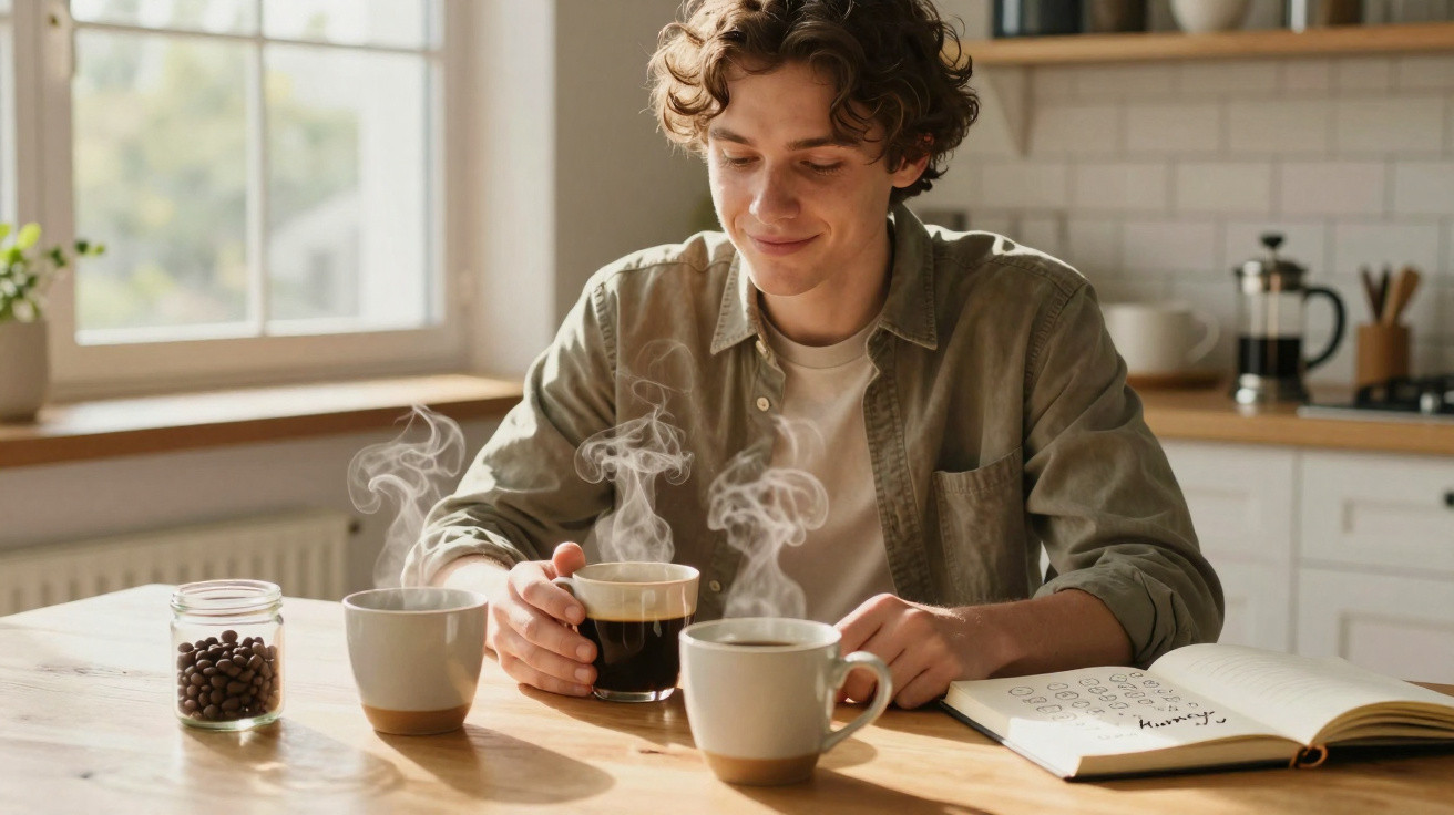 Jovem sentado à mesa na cozinha a saborear café quente com caderno aberto ao lado.