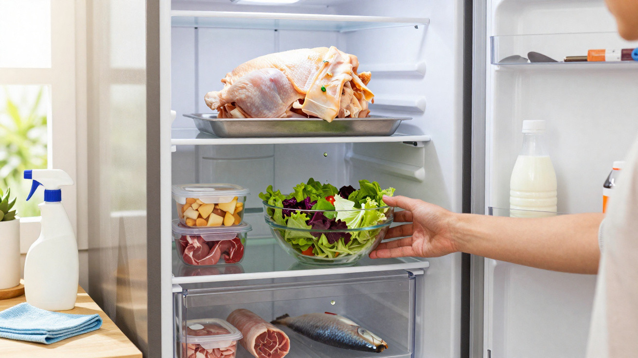 Mão a colocar uma tigela de salada num frigorífico aberto com carne crua e peixe.