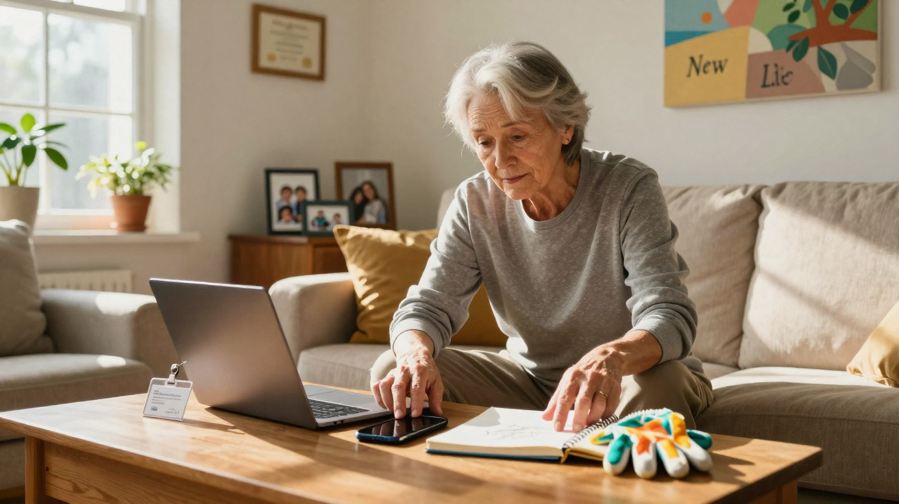 Mulher idosa sentada no sofá a mexer no telemóvel com computador portátil e caderno numa mesa de madeira.