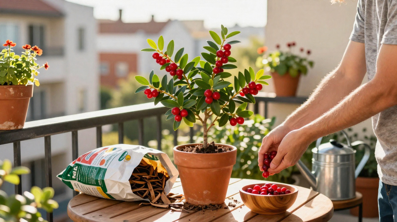 Pessoa a apanhar frutos vermelhos de planta em vaso numa varanda com luz natural.