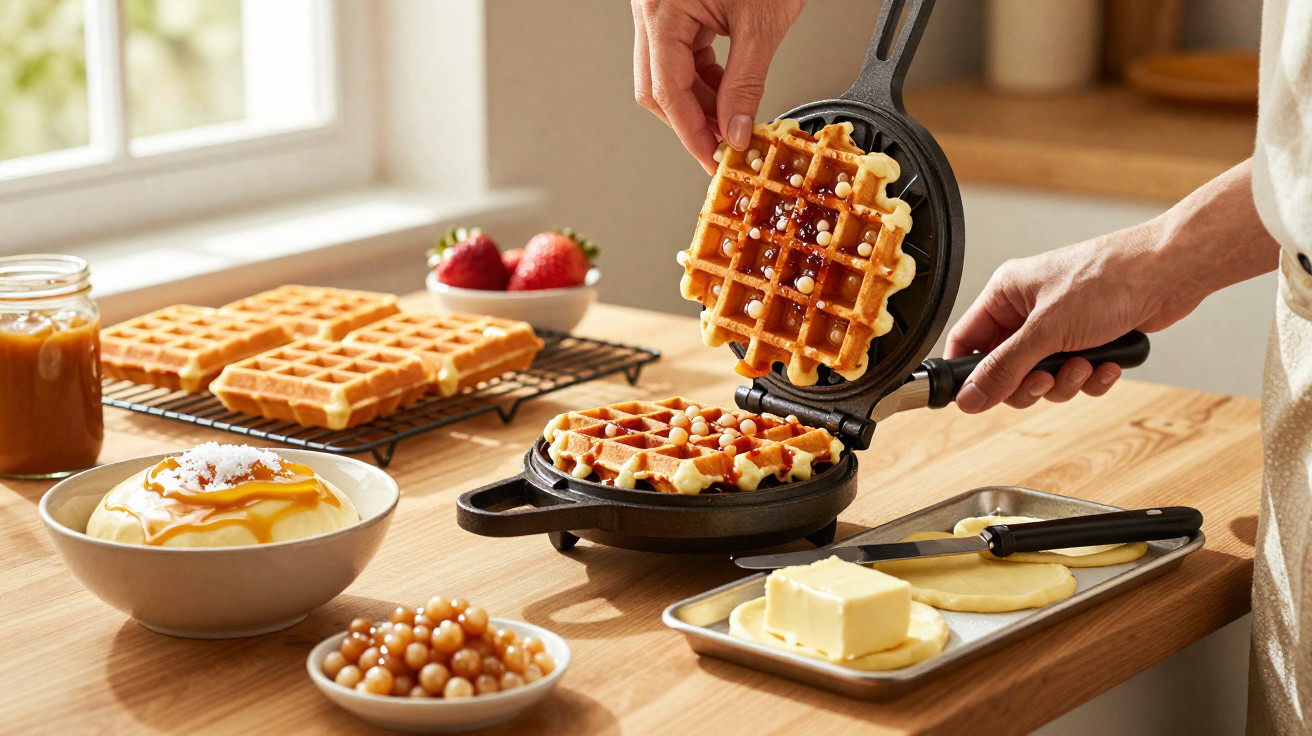 Pessoa a retirar waffles quentes de máquina, com morangos, manteiga e doce numa mesa de cozinha.