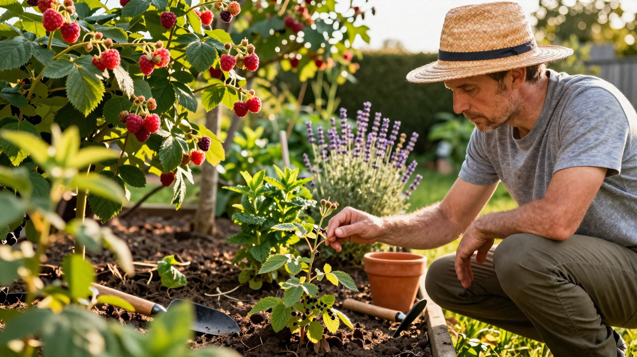 Homem com chapéu a cuidar de planta numa horta com framboesas e flores sob luz do sol.
