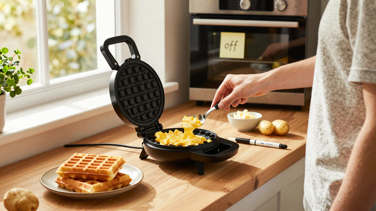 Pessoa a preparar waffles com máquina de waffles numa cozinha iluminada junto a uma janela.