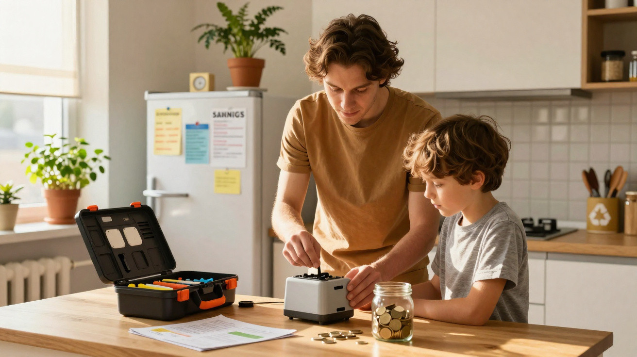 Homem e criança montam aparelho eletrónico juntos numa cozinha luminosa com moedas e ferramentas na mesa.