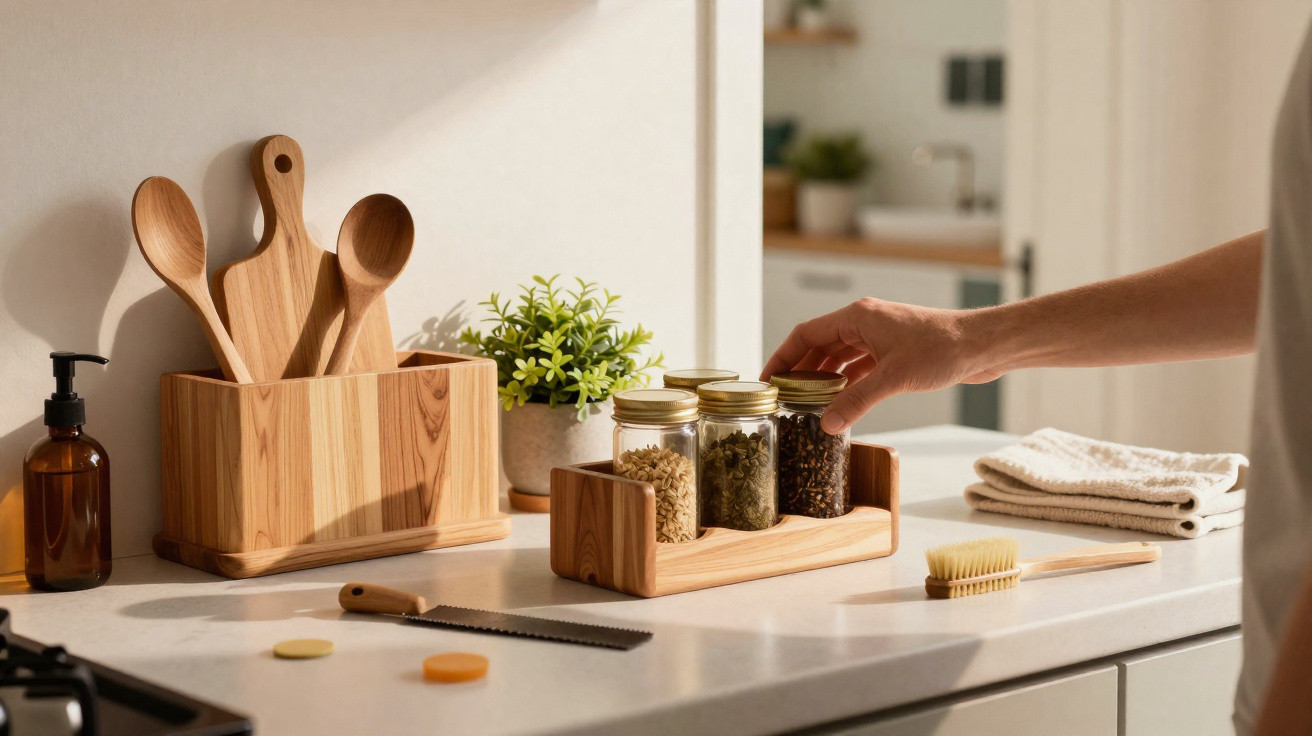 Mão a pegar vidro com especiarias em bancada de cozinha com utensílios de madeira e planta.