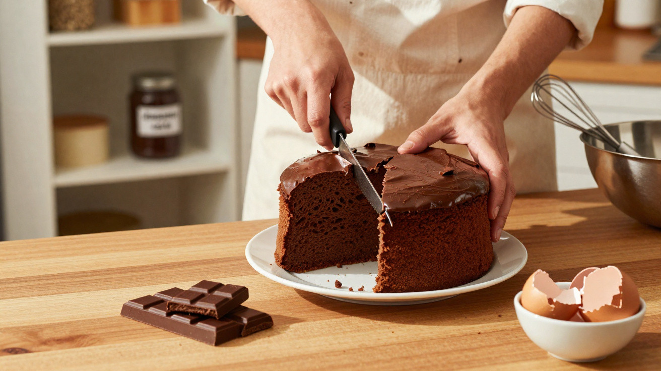 Pessoa a cortar um bolo de chocolate com cobertura, sobre uma mesa com pedaços de chocolate e cascas de ovo.