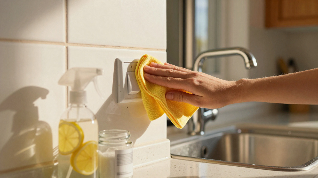 Mão a limpar interruptor de luz com pano amarelo numa cozinha iluminada, com pia e garrafas ao fundo.