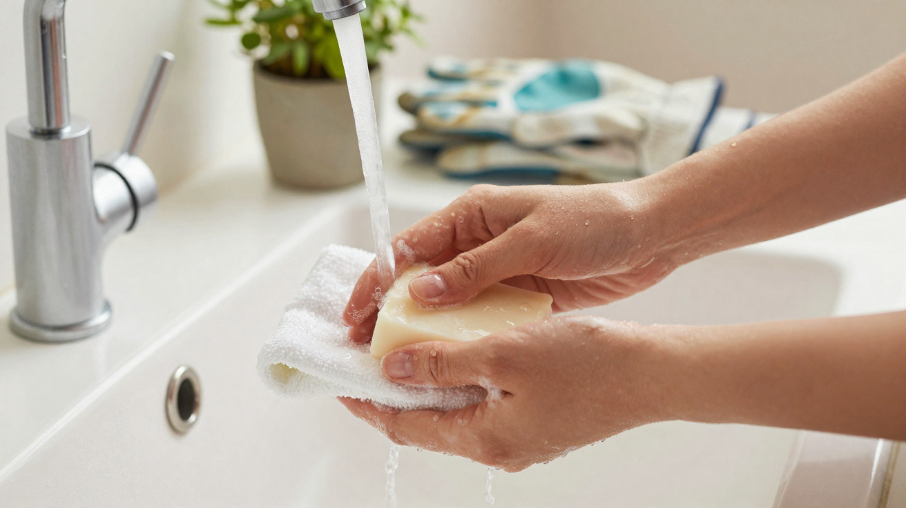 Mãos a lavar um pano branco com uma barra de sabão embaixo de uma torneira com água corrente.
