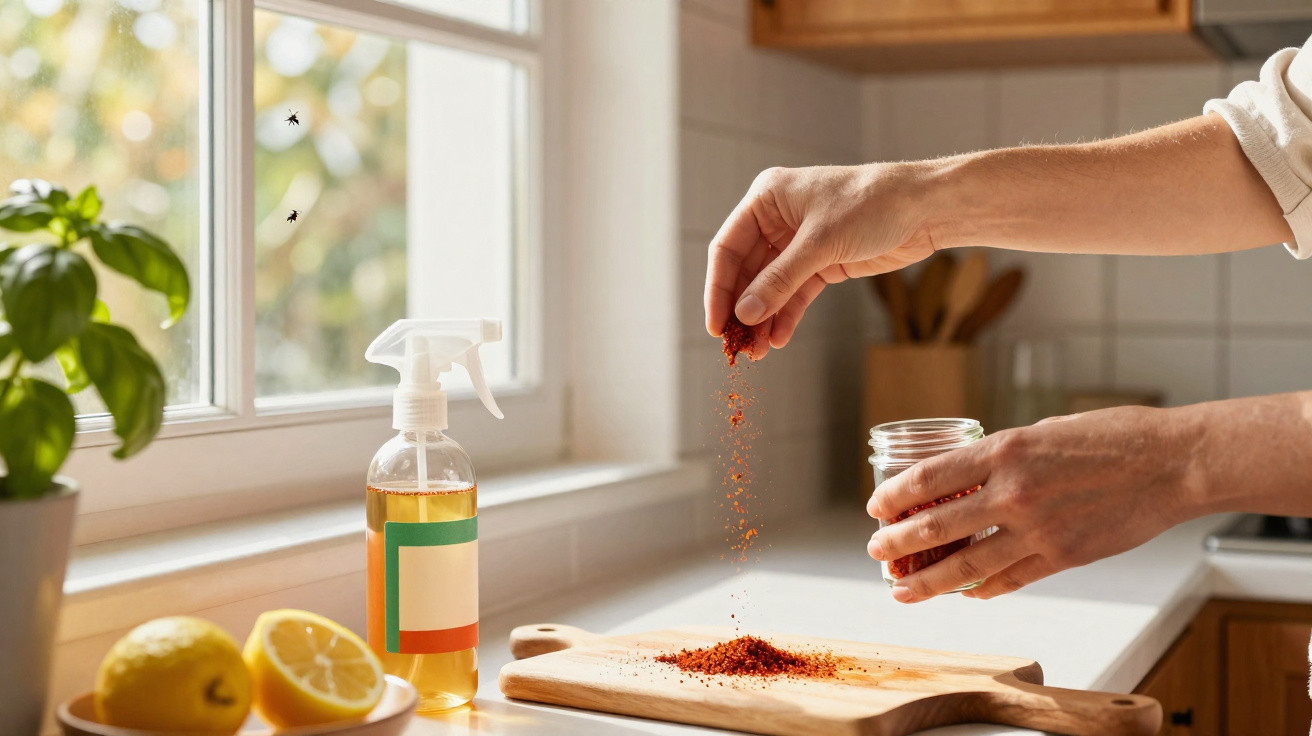 Mãos a polvilhar especiaria vermelha numa tábua de cozinha próxima de limão e spray repelente de insetos na janela.
