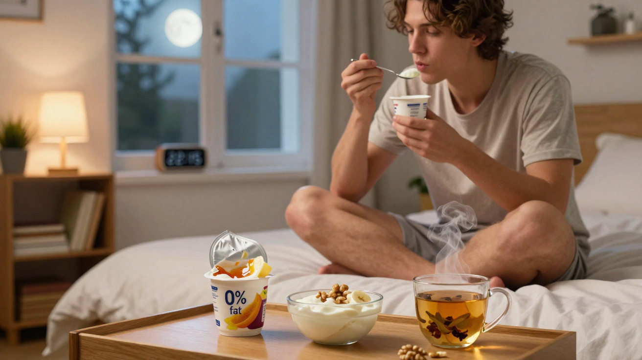 Homem sentado na cama a comer iogurte de noite com chá quente e taça de iogurte com nozes numa mesa.