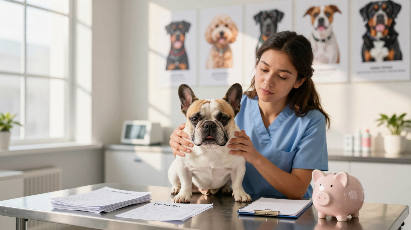 Veterinária a examinar um cão bulldog francês numa clínica veterinária iluminada.