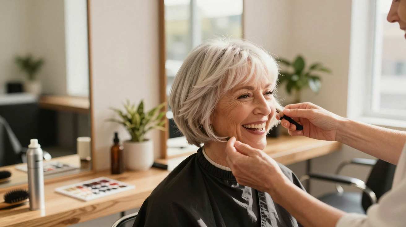 Mulher sénior sorridente a receber maquilhagem num salão de beleza moderno com luz natural.