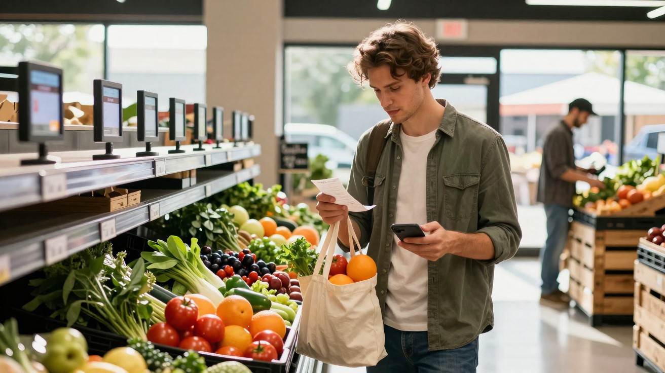 Homem jovem a fazer compras com saco reutilizável e lista no supermercado na secção de frutas e legumes.
