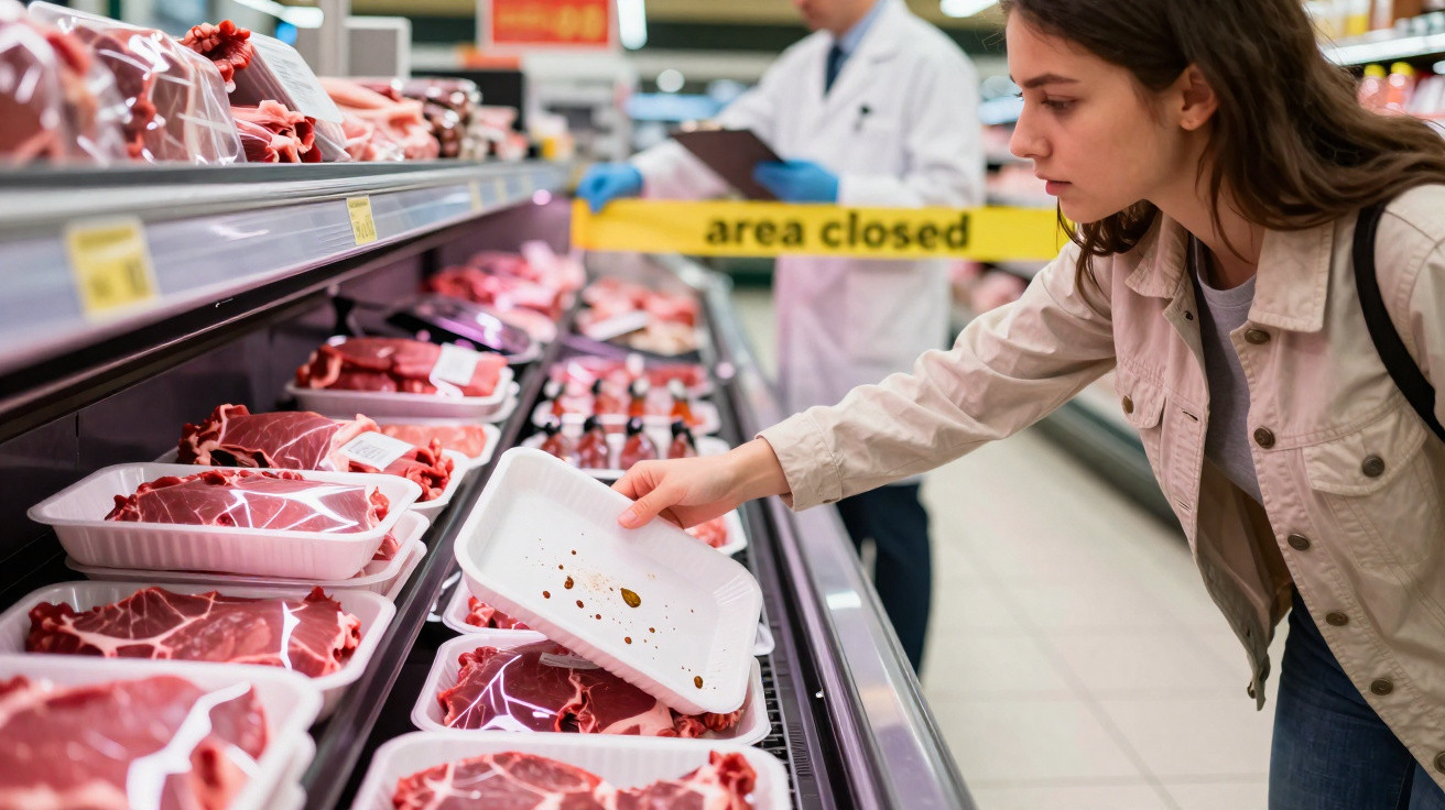 Mulher inspeciona bandeja vazia de carne em talho de supermercado com área fechada ao fundo.