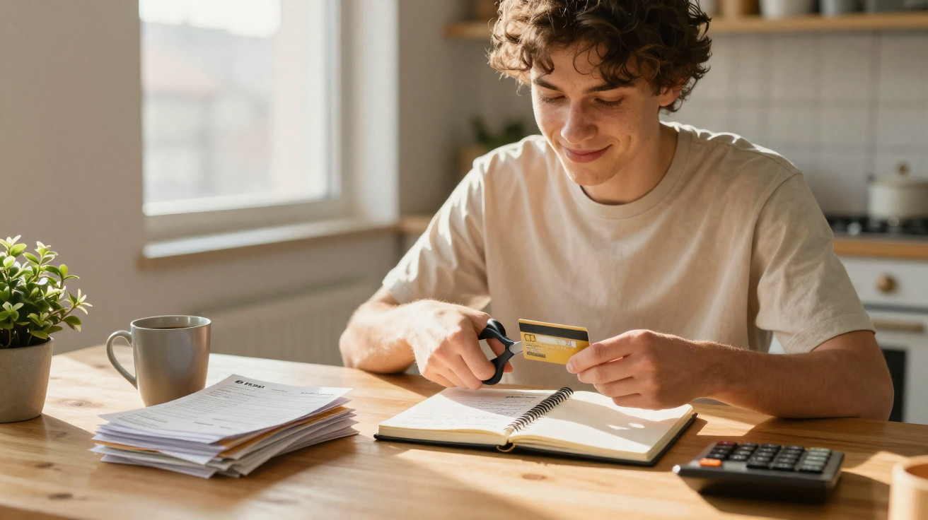 Jovem sentado à mesa a cortar cartão de crédito com tesoura, rodeado de papéis e calculadora.