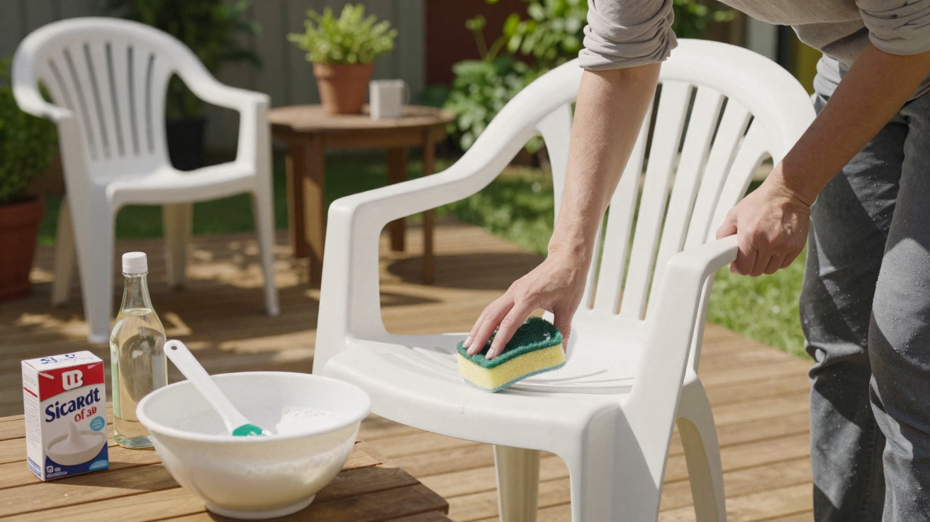 Pessoa a limpar uma cadeira de plástico branca num terraço com esponja e produtos de limpeza.