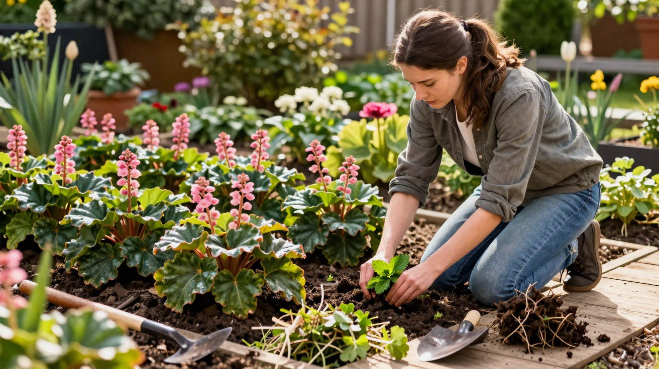 Mulher a cuidar de plantas floridas num jardim, ajoelhada a plantar uma muda no solo.