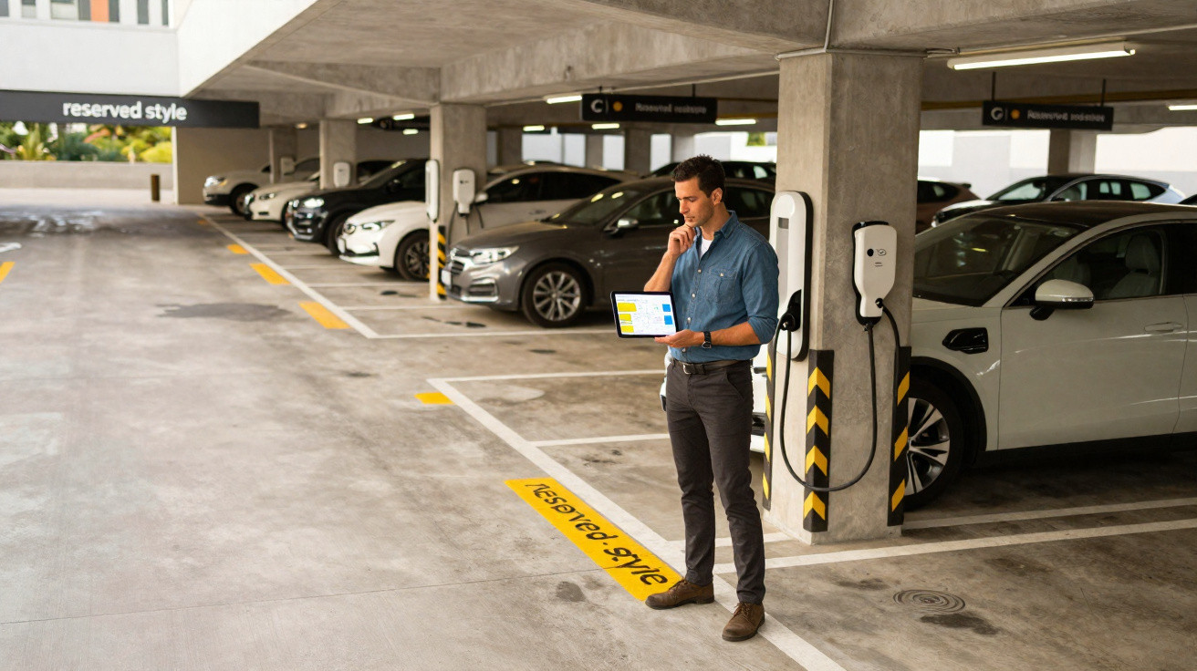 Homem com computador portátil junto a carros elétricos em parque de estacionamento coberto com postos de carregamento.