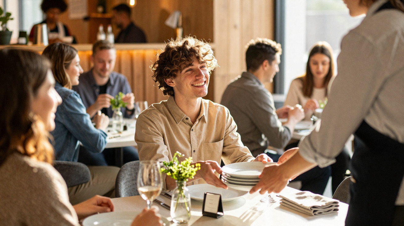 Jovem sorridente aceita pratos de uma empregada num restaurante com várias pessoas a socializar ao fundo.