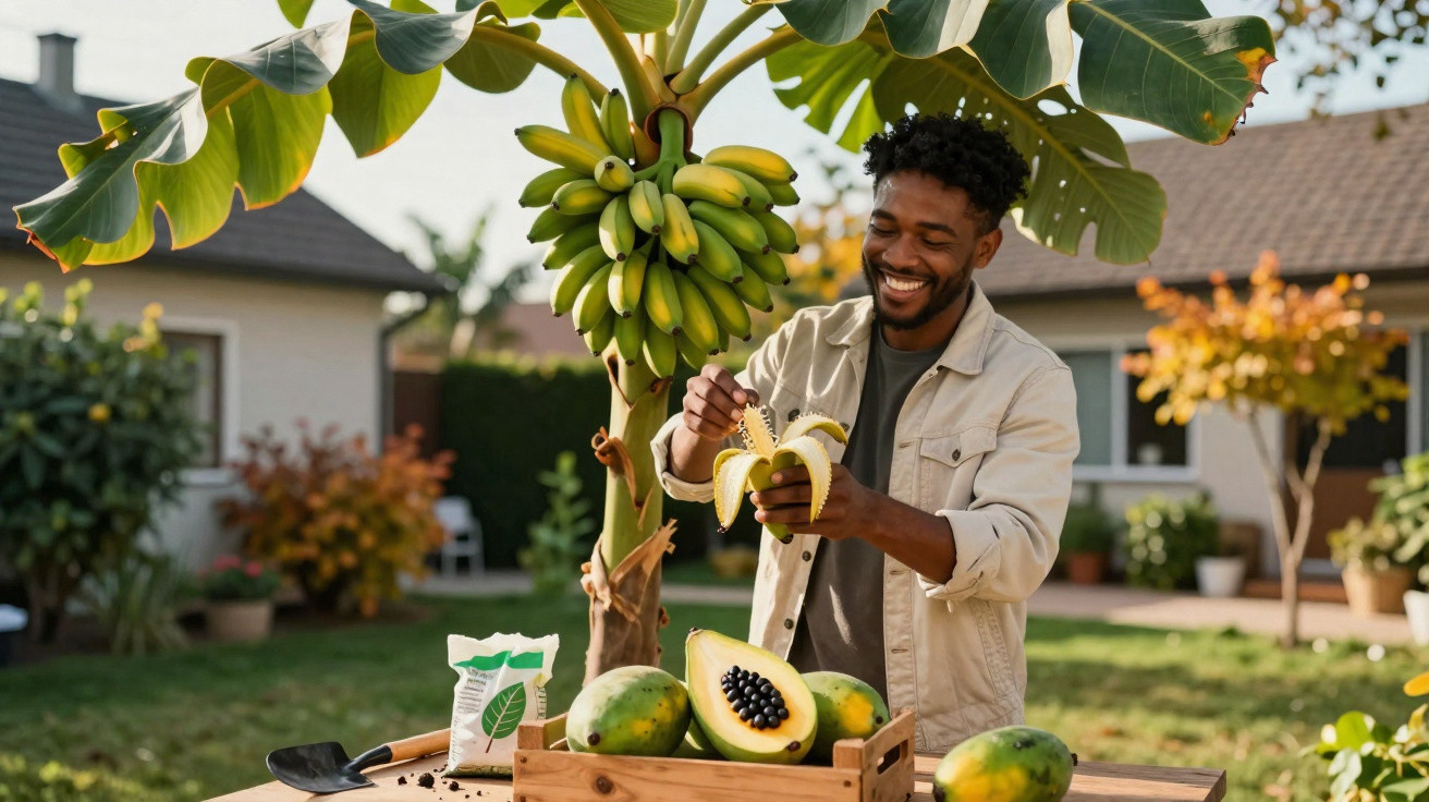Homem sorridente a descascar banana ao ar livre com cacho de bananas e papaia numa caixa de madeira.