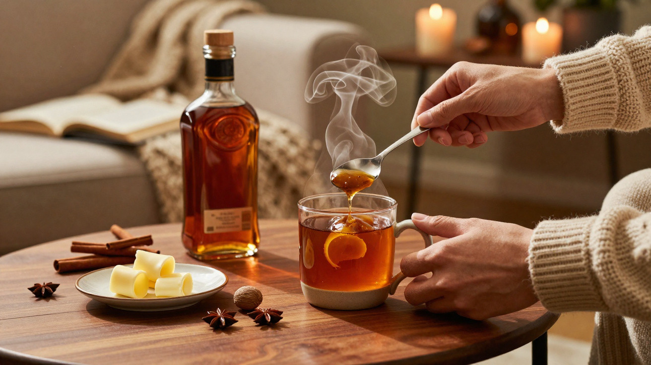 Mãos a adoçar chá quente com fatias de laranja, garrafa de bebida, especiarias e velas acesas sobre mesa.