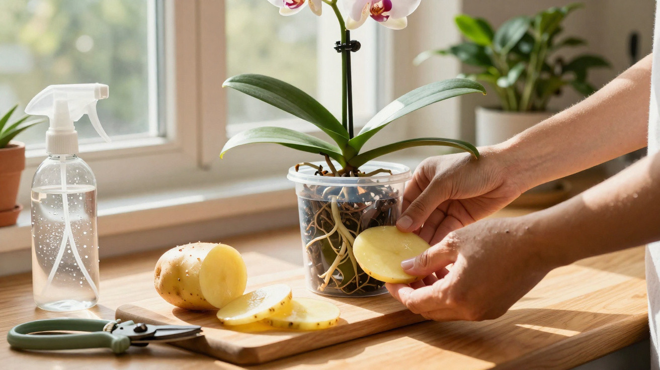 Mãos segurando fatias de batata junto a orquídea em vaso transparente, tesoura de poda e borrifador na mesa.