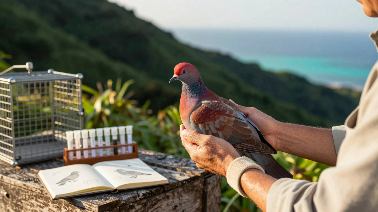 Pessoa segura pombo vermelho junto a mesa com livro de aves, tubos de ensaio e gaiola, com mar ao fundo.