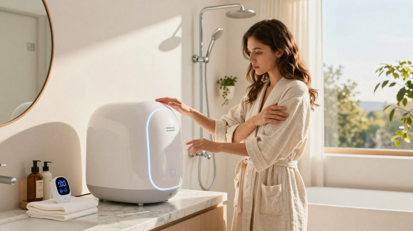 Mulher em roupão branco interage com aparelho branco moderno numa casa de banho luminosa.