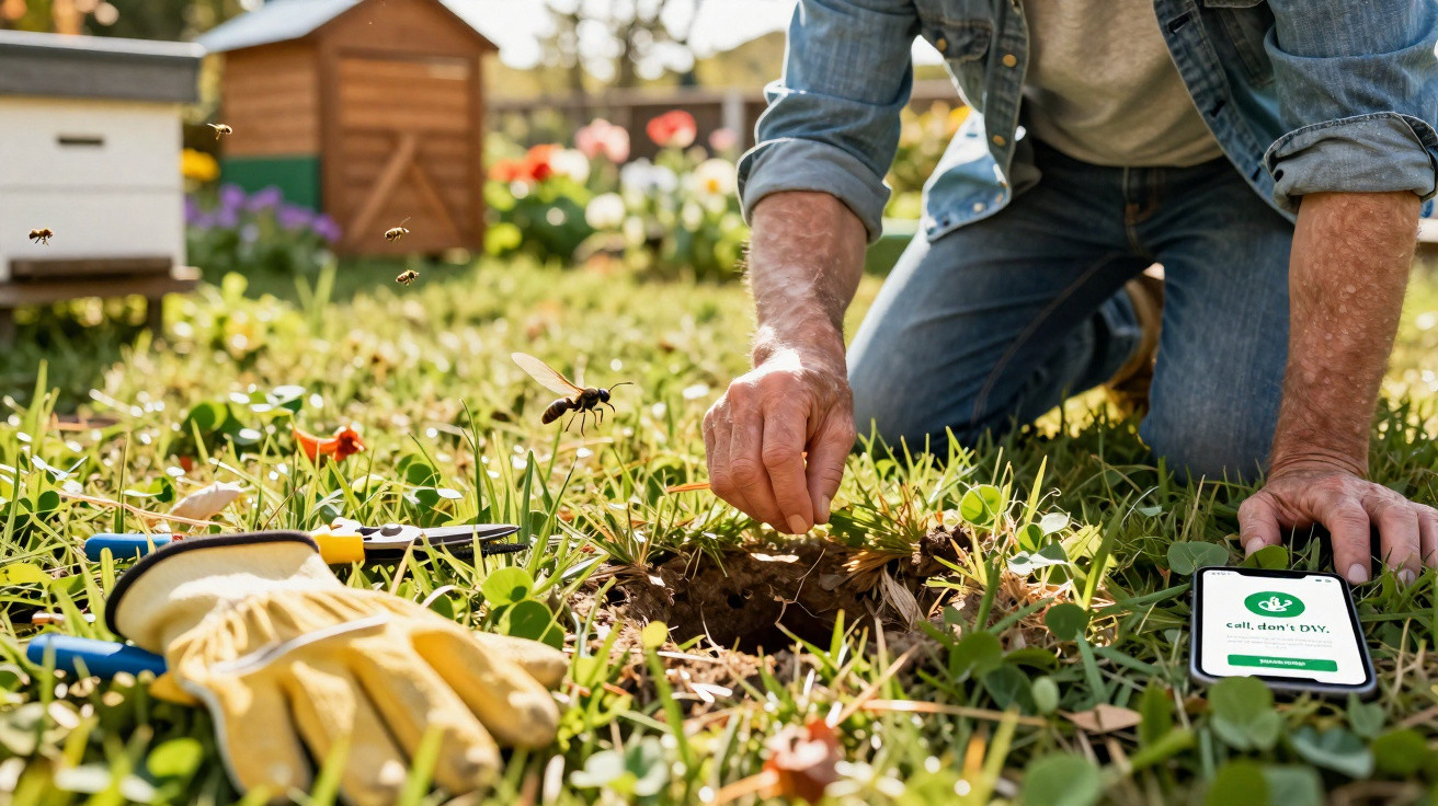 Pessoa a cuidar de colmeia no jardim com abelhas voando, luvas e telemóvel ao lado.