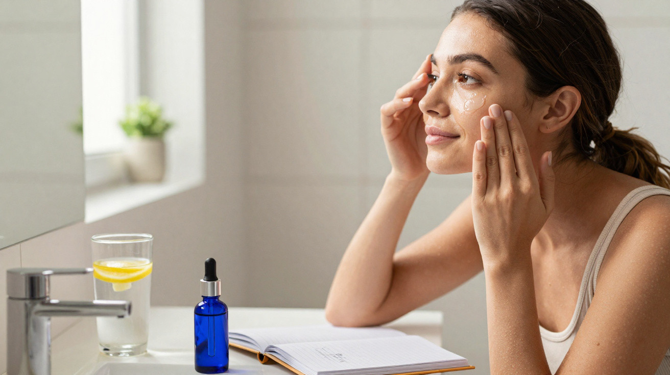 Mulher a aplicar creme no rosto junto a pia com frasco azul, copo de água com limão e caderno aberto.