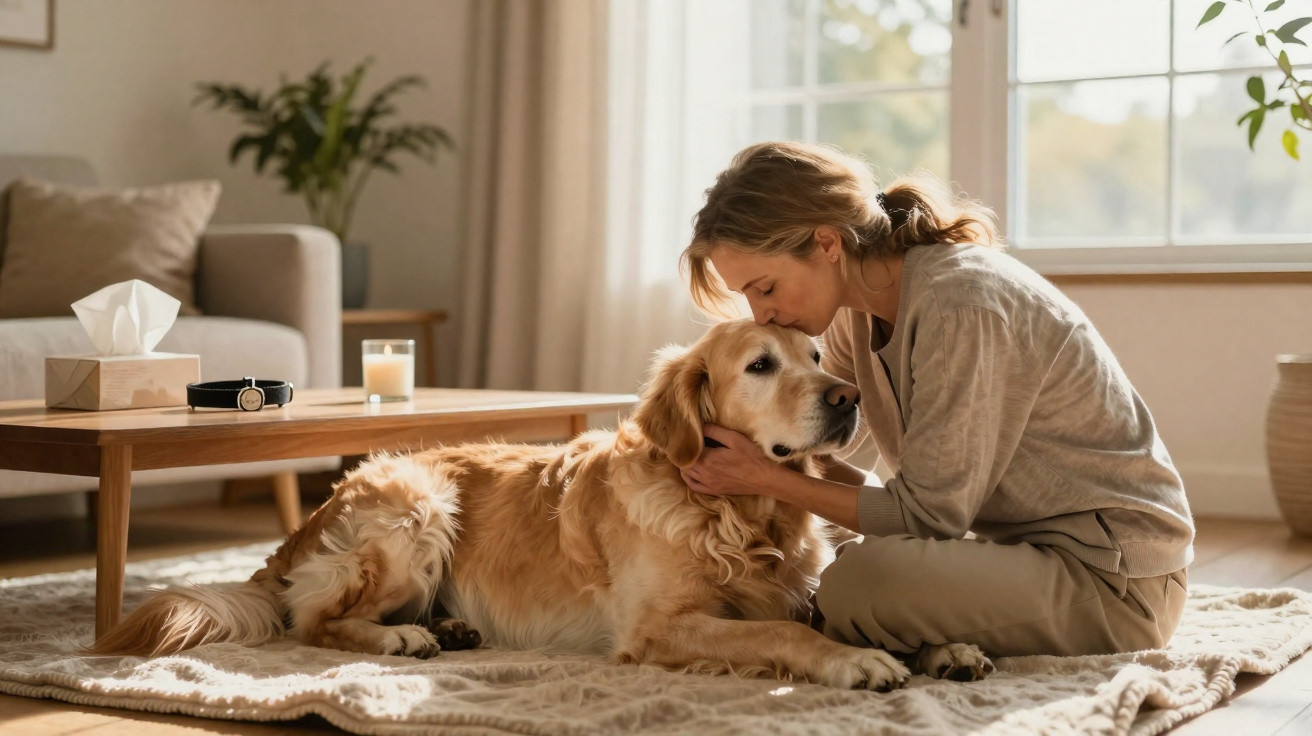Mulher acariciando e beijando um cão golden retriever deitado numa manta numa sala iluminada.