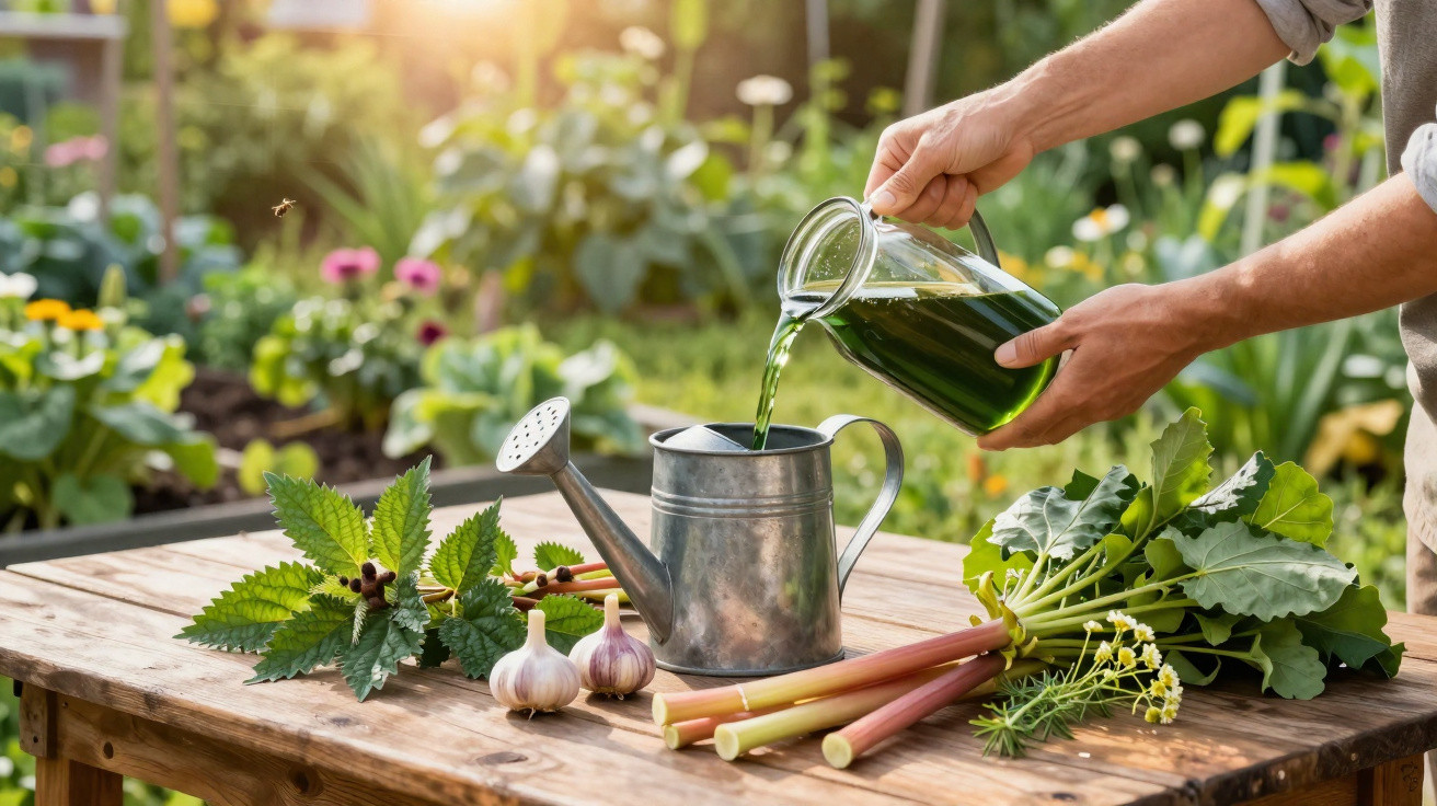Pessoa a verter líquido verde para um regador, com legumes e plantas num ambiente de horta caseira.