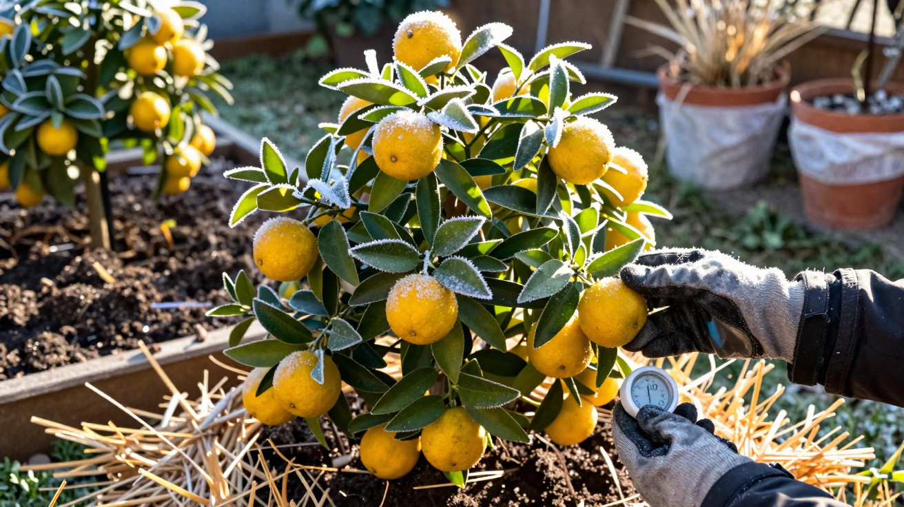 Mãos com luvas a medir a temperatura do solo junto a uma planta com frutos amarelos cobertos de geada.