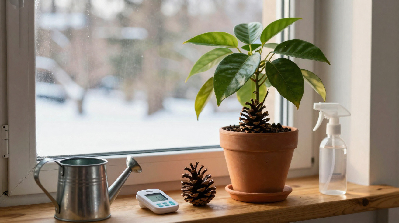 Planta em vaso de barro, regador metálico, termómetro digital, pinhas e pulverizador numa janela com neve lá fora.