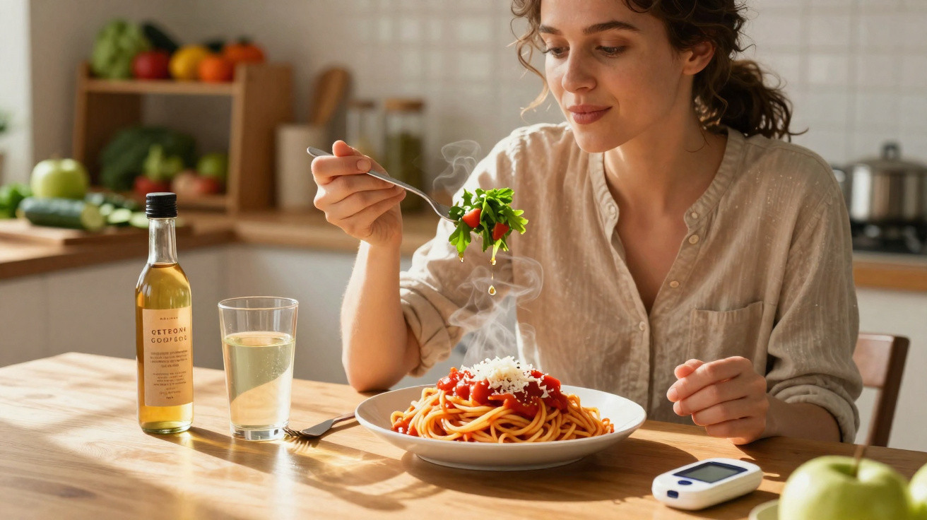 Mulher sentada a comer esparguete com molho de tomate e ervas, numa cozinha iluminada e moderna.