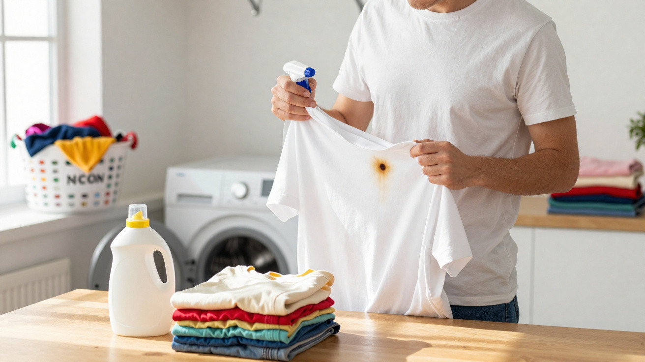 Homem a aplicar removedor de manchas numa t-shirt branca com nódoa castanha, ao lado de roupas dobradas e máquina de lavar.