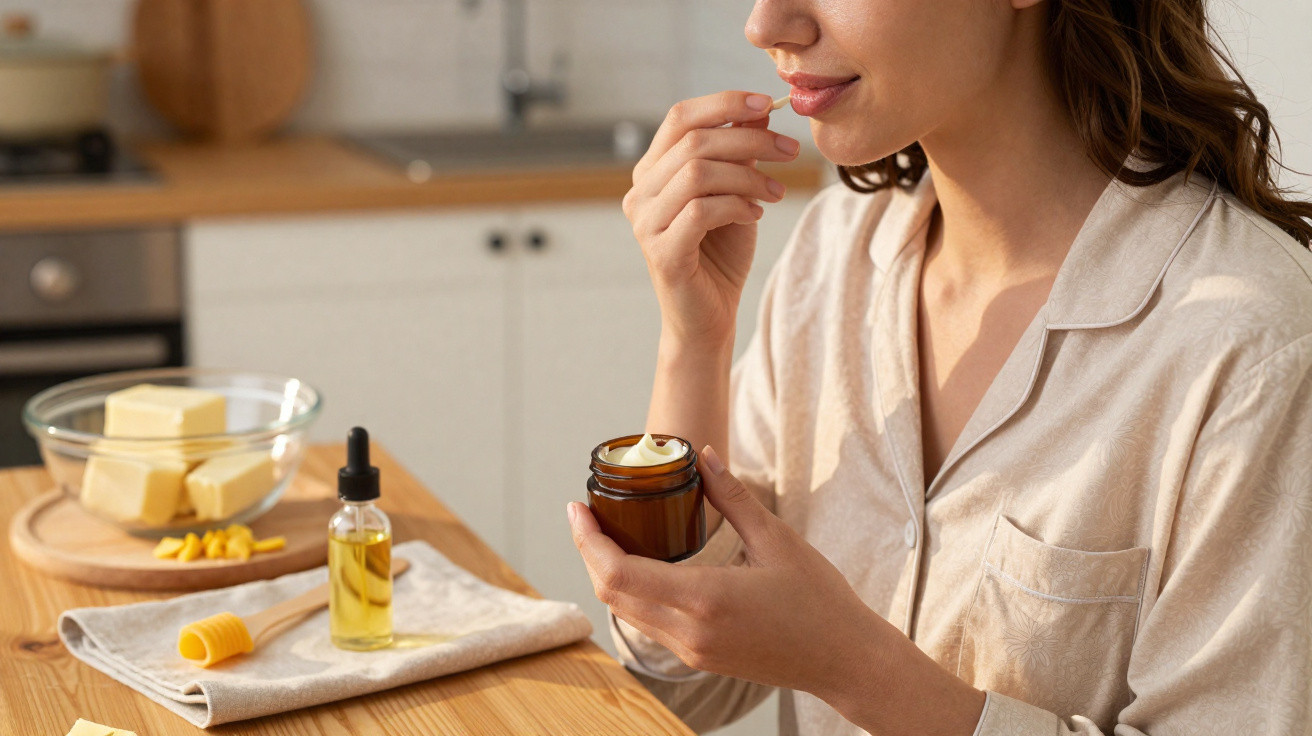 Mulher em pijama aplicando creme hidratante no rosto numa cozinha com ingredientes naturais sobre a mesa.