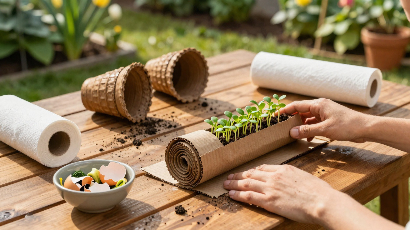 Mãos a transplantar pequenas plantas numa embalagem de cartão reciclado, com terra, cone de papel e cascas de ovos na mesa.