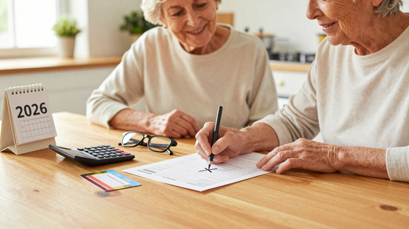 Duas mulheres idosas sentadas à mesa, uma assina um documento, junto a calendário, calculadora e cartões.