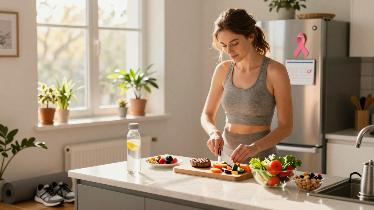 Mulher a preparar salada saudável numa cozinha iluminada com plantas e garrafa de água com limão.