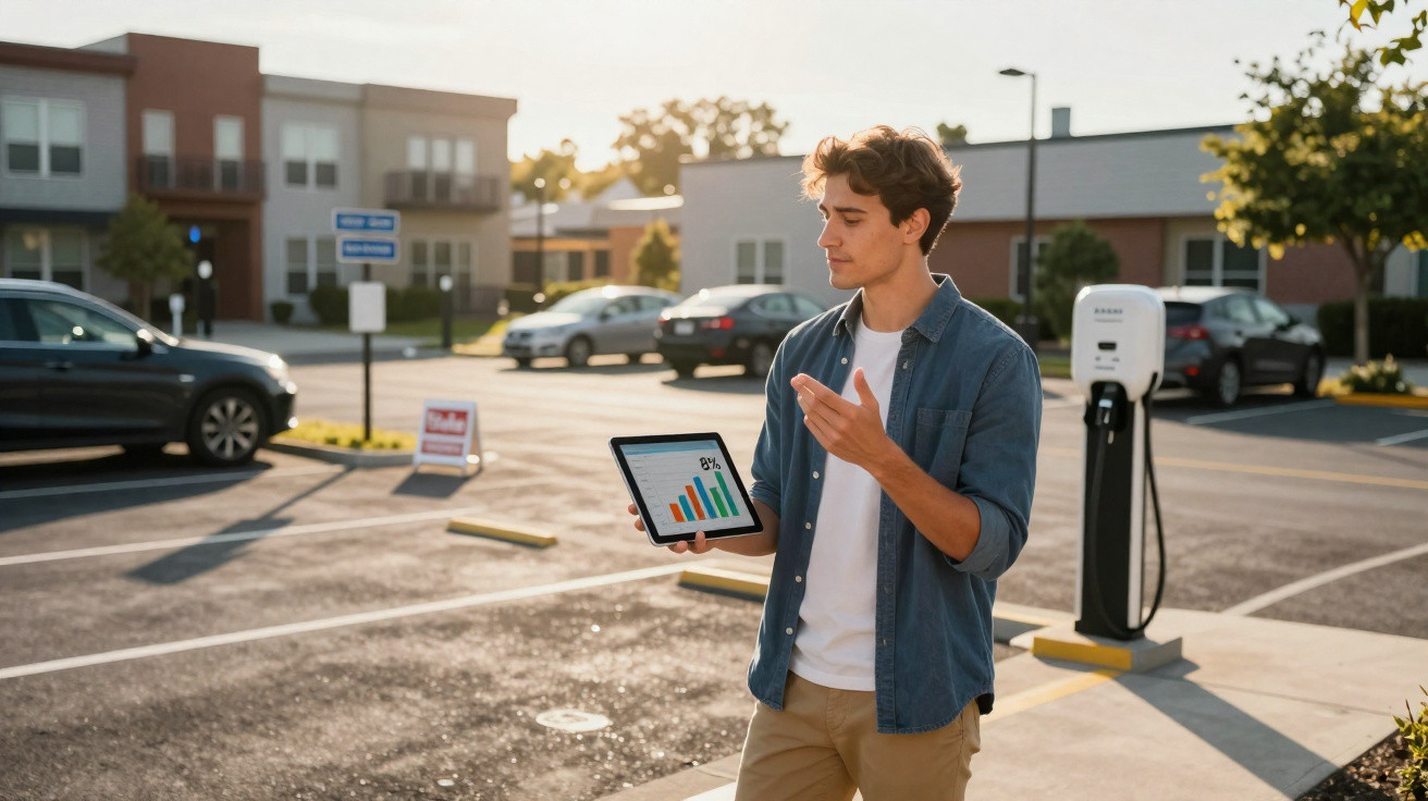 Jovem mostra gráfico numa tablet junto a posto de carregamento de carros elétricos numa área de estacionamento.