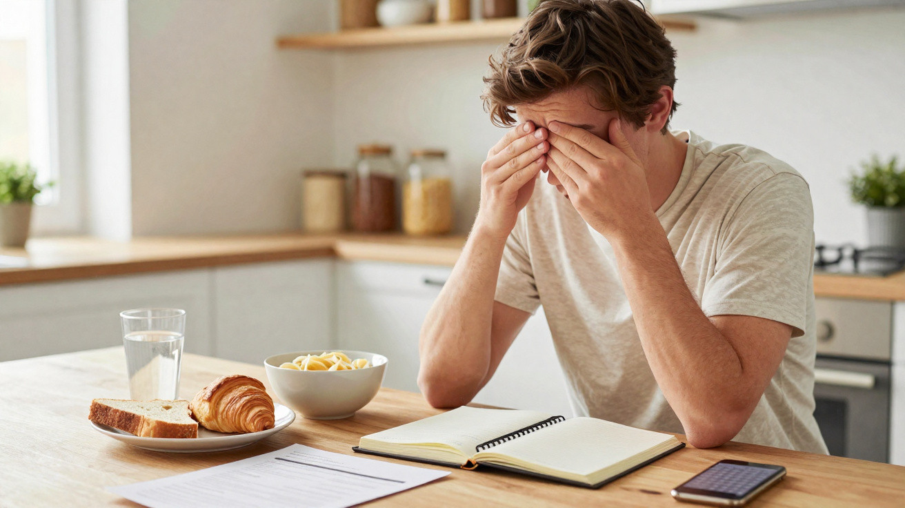 Homem preocupado com as mãos na cara sentado à mesa com pão, croissant, bebida e caderno aberto numa cozinha.