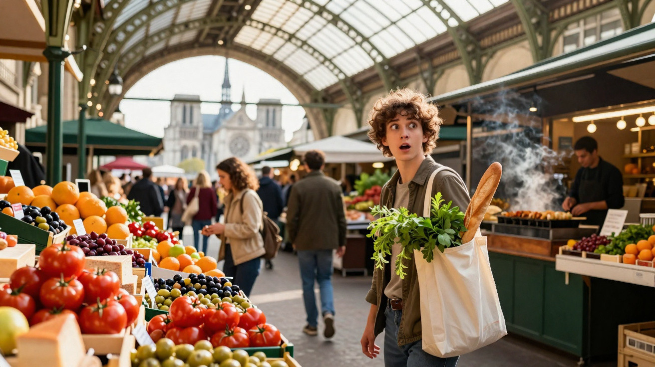 Pessoa num mercado coberto com uma sacola de compras cheia de pão e vegetais, rodeada de frutas e legumes.