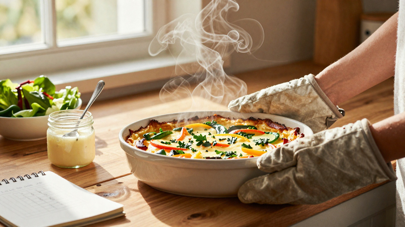 Pessoa com luvas de cozinha a retirar do forno tarte quente com legumes e ervas, em bancada de madeira, perto de janela.