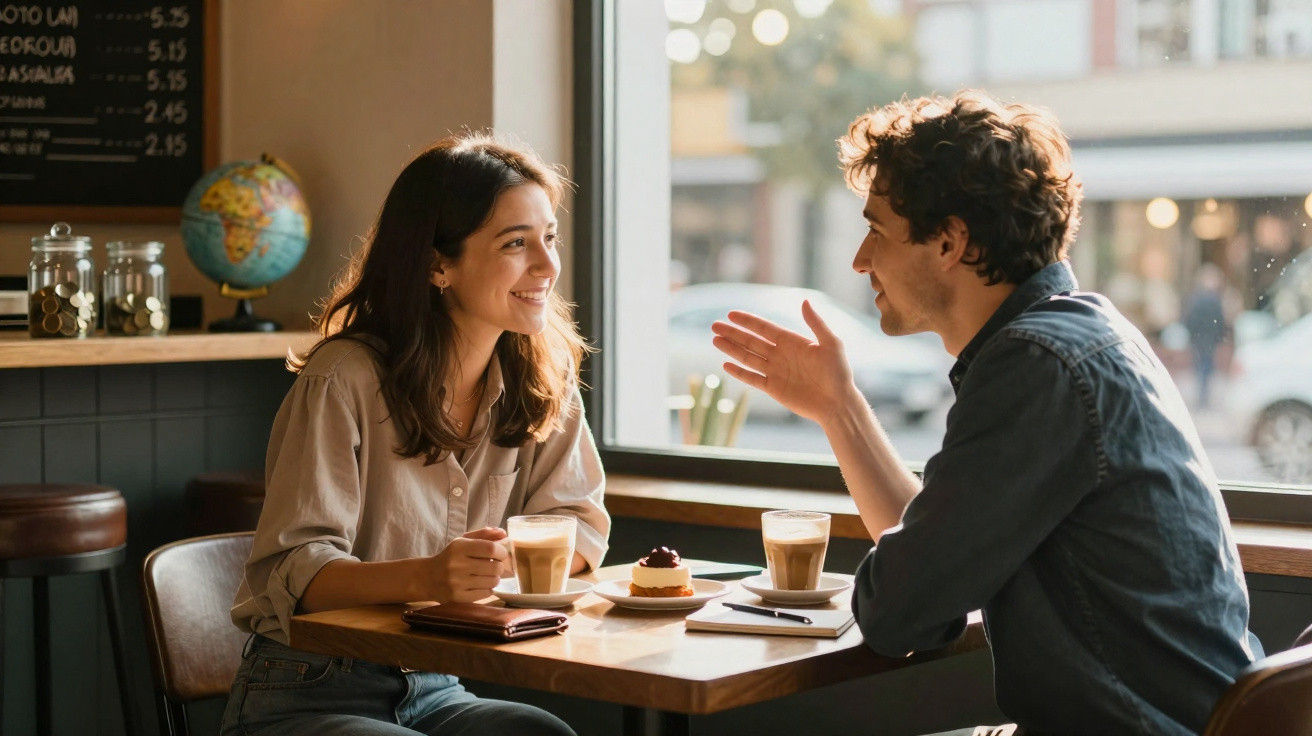 Casal jovem conversa e sorri enquanto tomam café e comem pastelaria numa cafetaria acolhedora com janela grande.