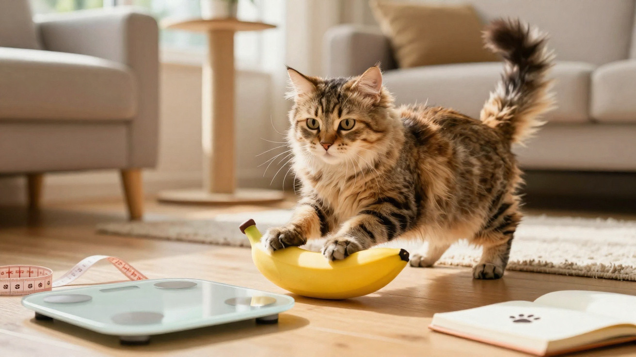 Gato felpudo a brincar com uma banana no chão de uma sala com balança e fita métrica.