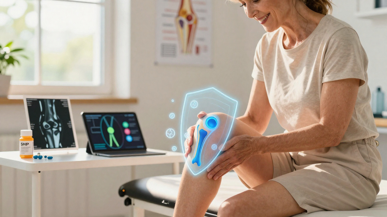 Mulher madura a tocar o joelho com uma ilustração digital de articulação e escudo azul, em consultório médico.