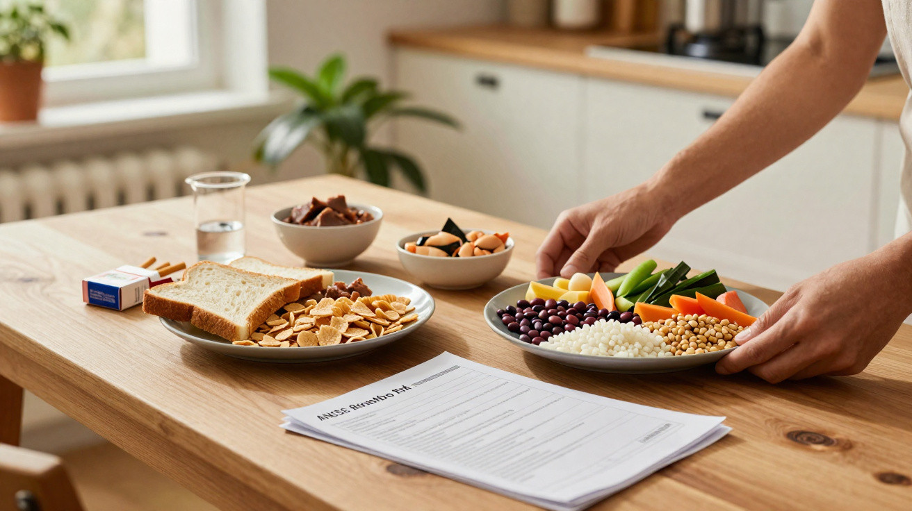 Pessoa a preparar pratos com alimentos variados numa mesa de madeira com documentos e maço de tabaco.