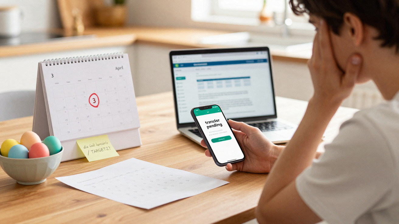 Pessoa a usar telemóvel com mensagem "transfer pending" junto a calendário com data 3 de abril marcada a vermelho.